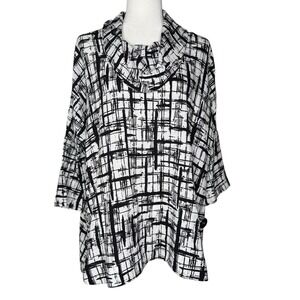 Ali Miles Tunic Top L Artsy Oversized Lagenlook Cowl Neck Black‎ White Blouse
